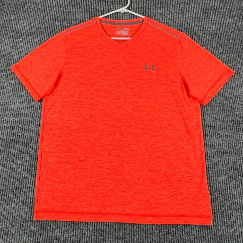 Under Armour Shirt Mens Medium Orange Short Sleeve Loose Fit Heat Gear Active‎